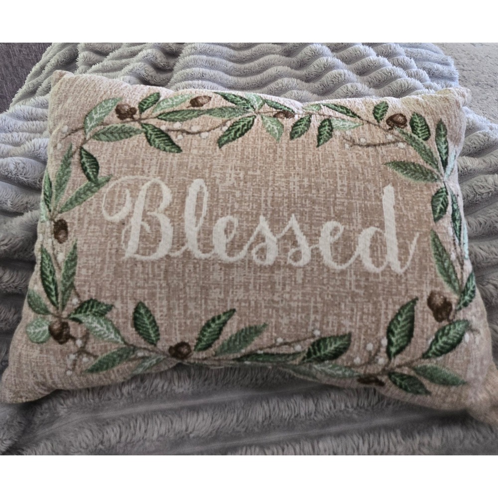 Blessed Woven Tapestry Throw Pillow Olive Branch Wreath Tan Farmhouse Decor18x13